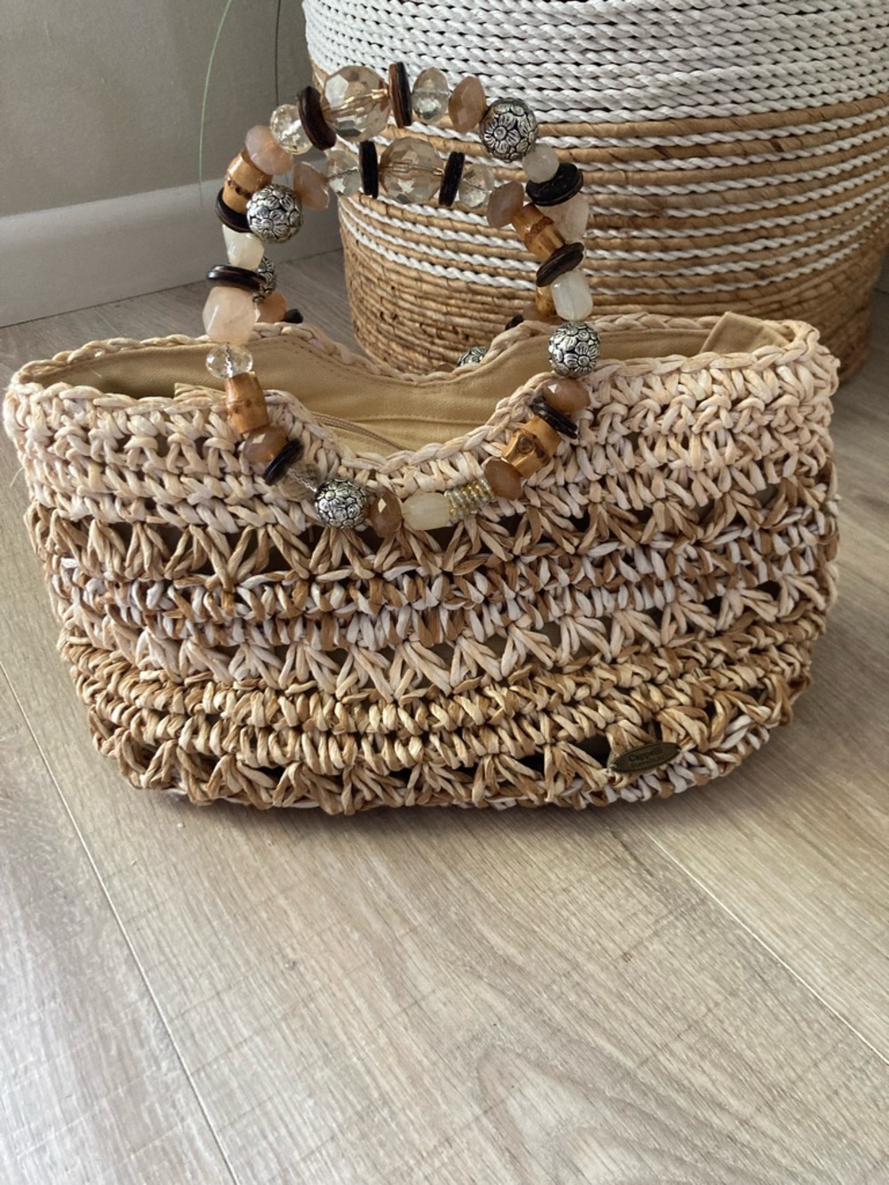 Beaded Handle Woven Straw Tote Bag - Natural Beige